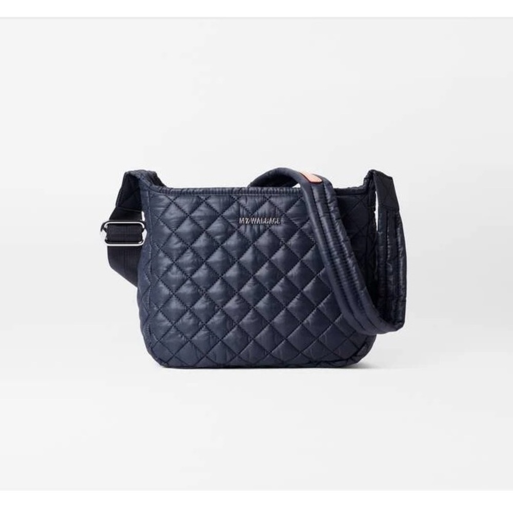 MZ Wallace Quilted Navy Blue Shoulder/Crossbody Bag with Tan Leather Trim